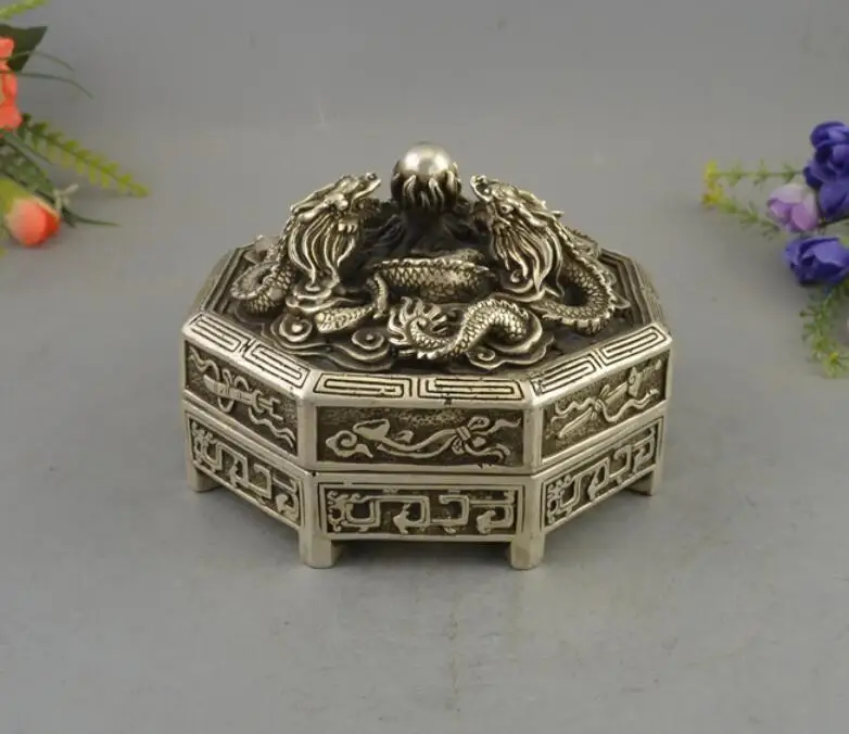 

Exquisitely carved Tibet Silver three dragons Incense burner box Statue