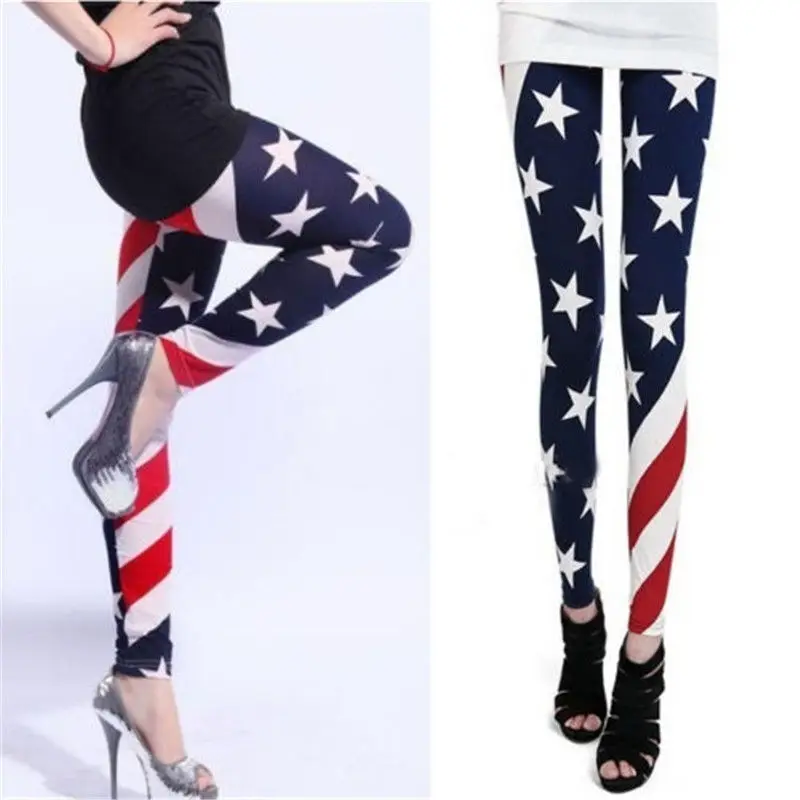 New American Flag Stripes Star Print Leggings Thin Slim Pants Skinny Fitness High Stretched Casual Workout | Женская одежда