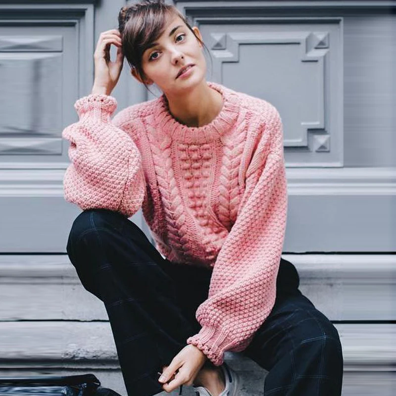 Осень-зима однотонный розовый вязаный свитер женщин Повседневное пуловеры