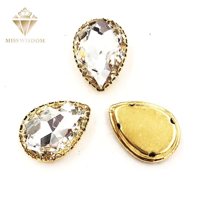 Прозрачные стразы из белого стекла 10X14/13х18 мм с золотым низом в форме капли воды
