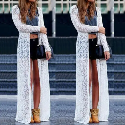 

Women White Lace Bikini Cover-up Summer Cardigan Swimwear Beach Long Dress