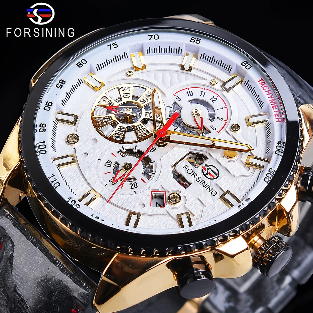 

Forsining Automatic Men Casual Sport Watch Golden Calendar 6 Hands Multifunction Black Leather Mechanical Watches Relojes Hombre