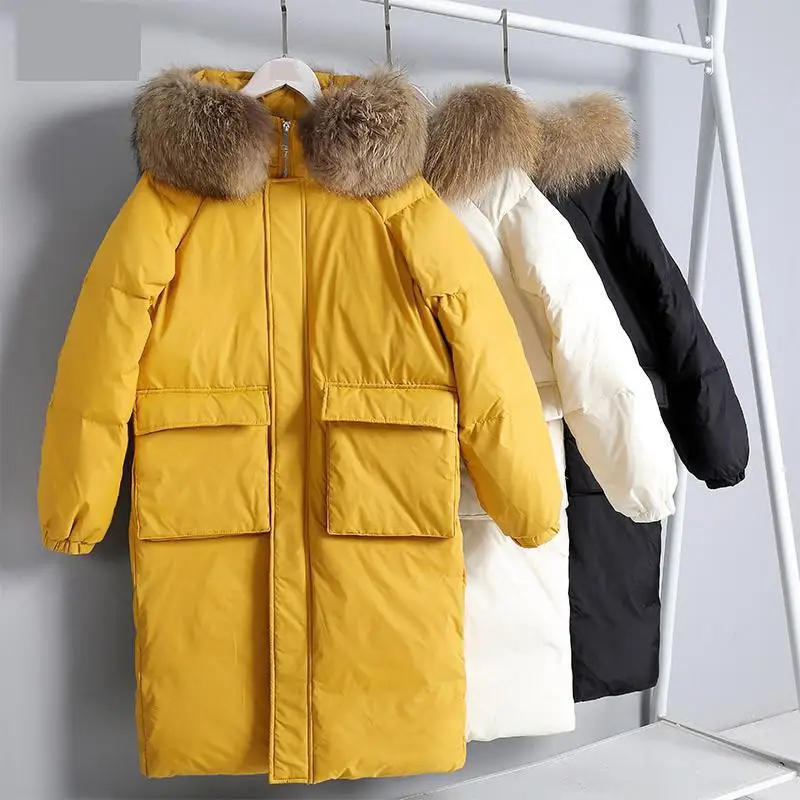 

Fashion Winter Jacket Women White Duck Down Long Parkas Large Real Raccoon Fur Collar Coat Female Hooded Pockets Snow Outwear