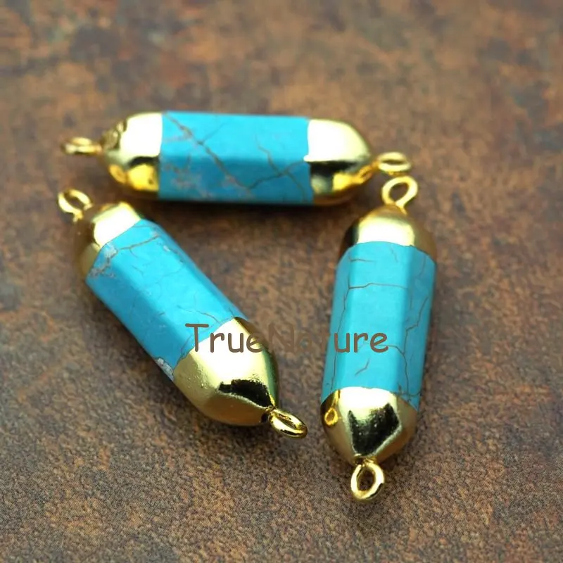 

Double Terminated Blue Turquoises Petite Nugget Pendants Gold Electroplated Caps Double Bails Charm In 9*36 mm PM5770