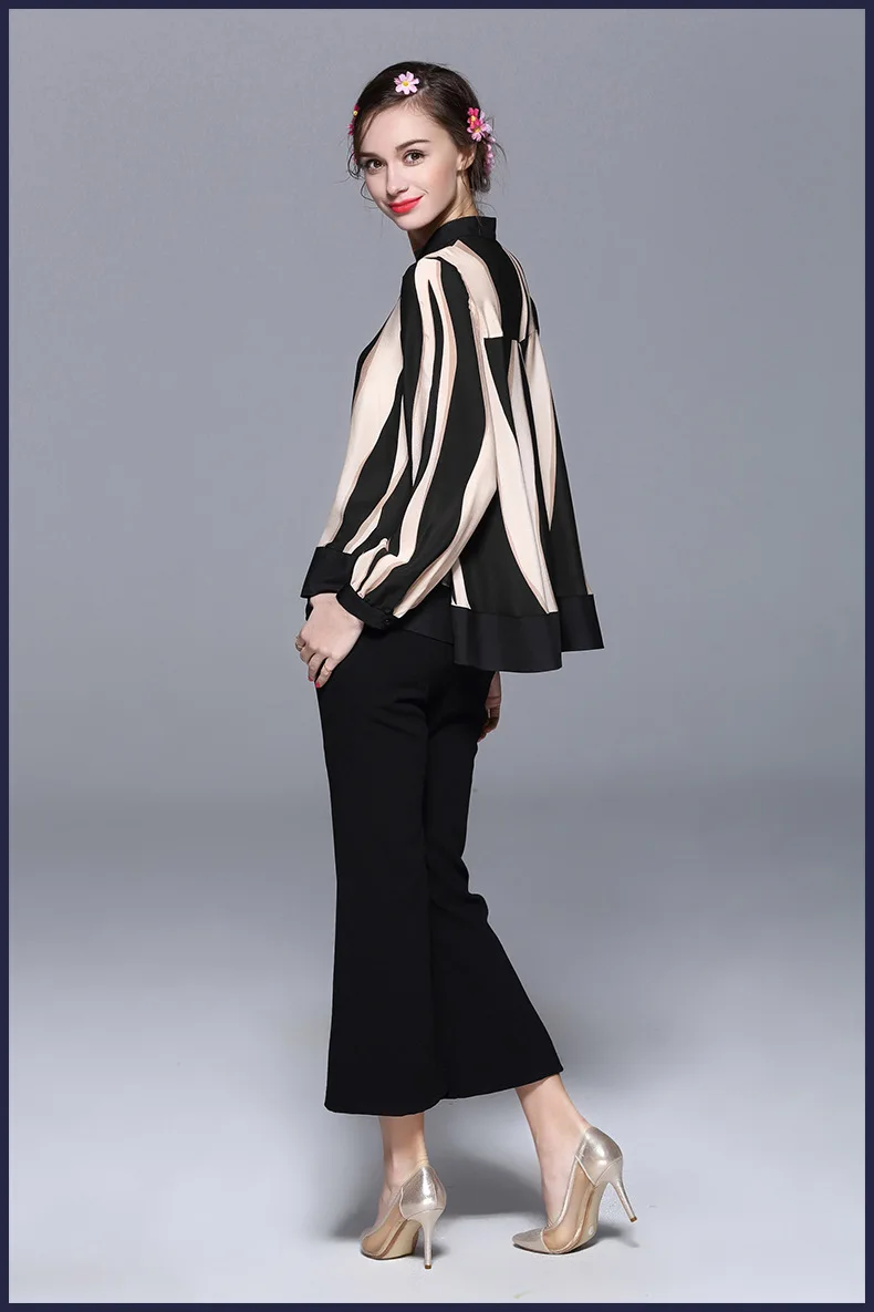 Hot sale spring summer new fashion women long sleeve silk shirt Lady stand collar striped blouse 100% Female loose |