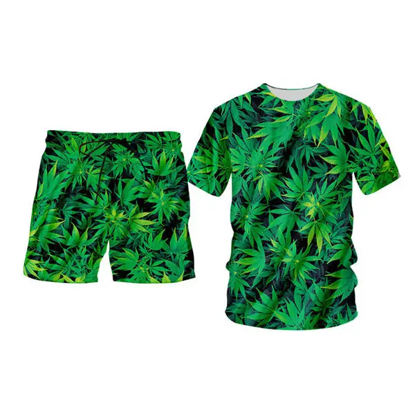 O-neck tee 2 sets Новинка, 3d топы с принтом зеленых сорняков и листьев+ шорты, мужские комплекты, летняя футболка без рукавов для фитнеса, толстовка с капюшоном и шорты, комплекты на заказ, S-6XL - Цвет: O-neck tee 2 sets