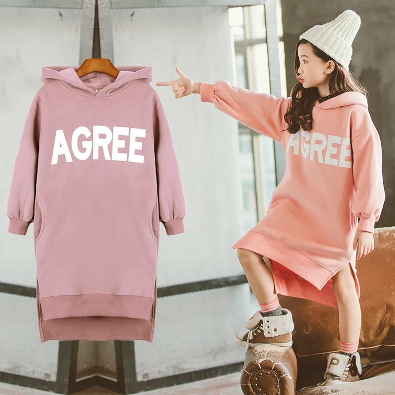 Kids Girls Fleece Dress Fall Winter 2020 Big Long Sleeve Thick Hoodie Dresses Casual Hooded Coat Clothes | Детская одежда и обувь