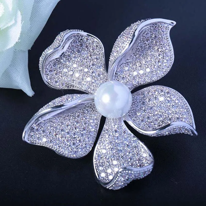 

Red Trees High Quality Sparkly Flower Brooch For Women With Luxury Cubic Zircon And Shell Pearl Christmas Gift For Ladies