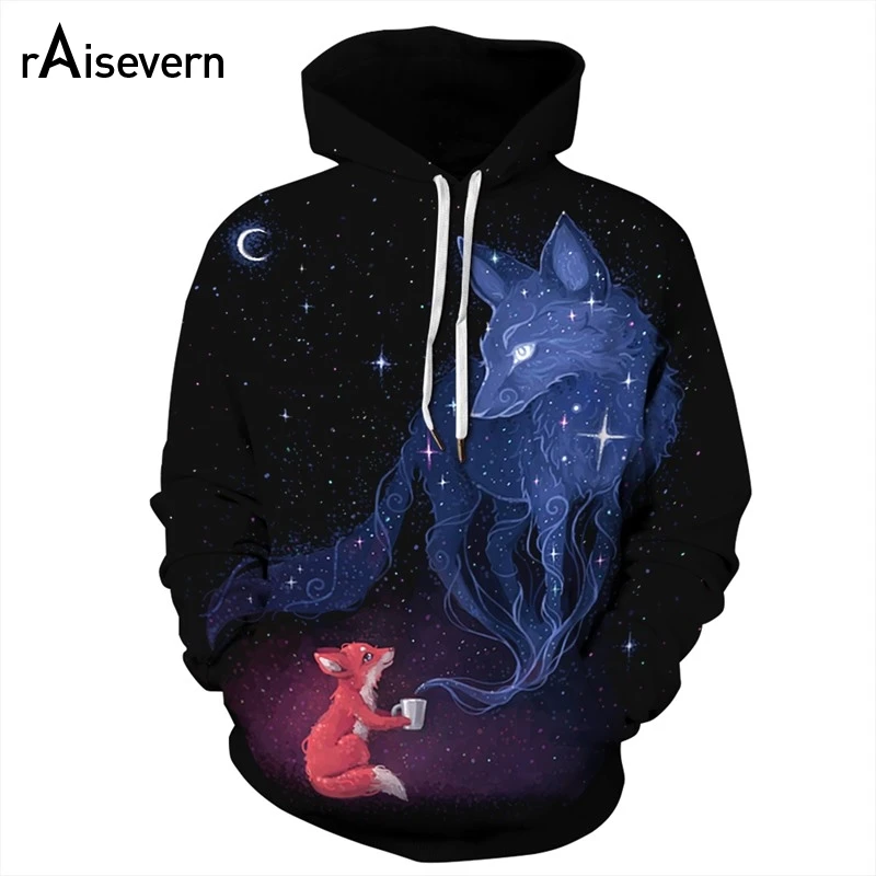 Raisevern Прохладный Galaxy с принтом с лисой; 3D толстовки с капюшоном, верхняя одежда Для женщин Для мужчин унисекс пуловеры с длинными рукавами; с карманами; Верхняя одежда; топы; Прямая поставка