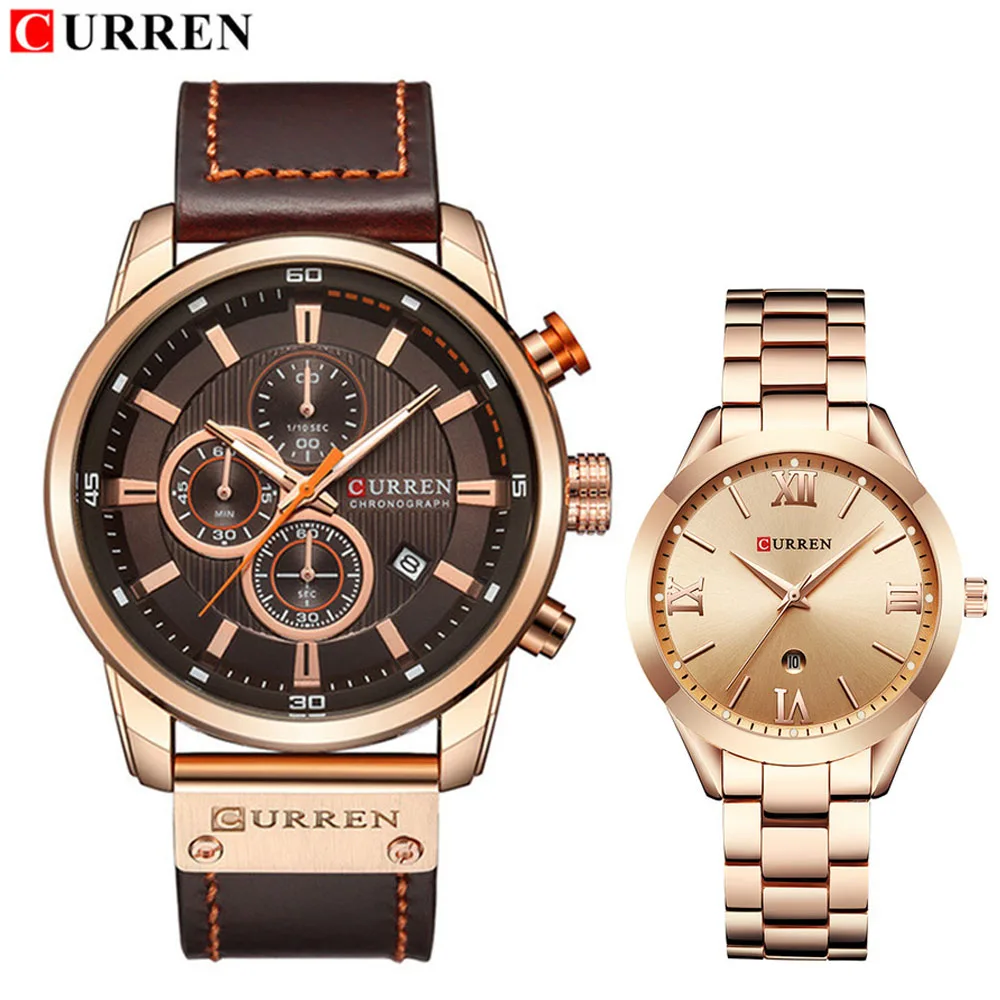 Brown gold bronw Curren женские мужские и женские парные кварцевые часы набор для мужчин и женщин для влюбленных модные повседневные спортивные часы стальной кожаный набор наручных часов - Цвет: Brown gold bronw