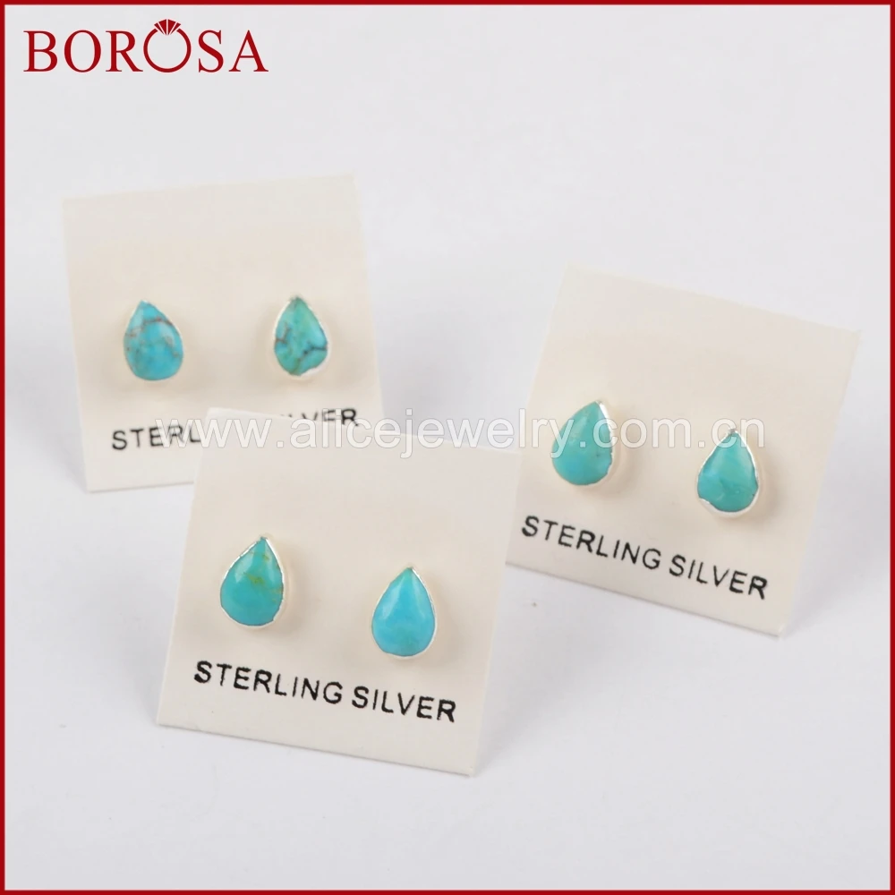 BOROSA Elegant Pure Silver Natural Tur-quoise Stud Earrings Druzy Jewelry Gems Fashion for Women Girls SS177 |