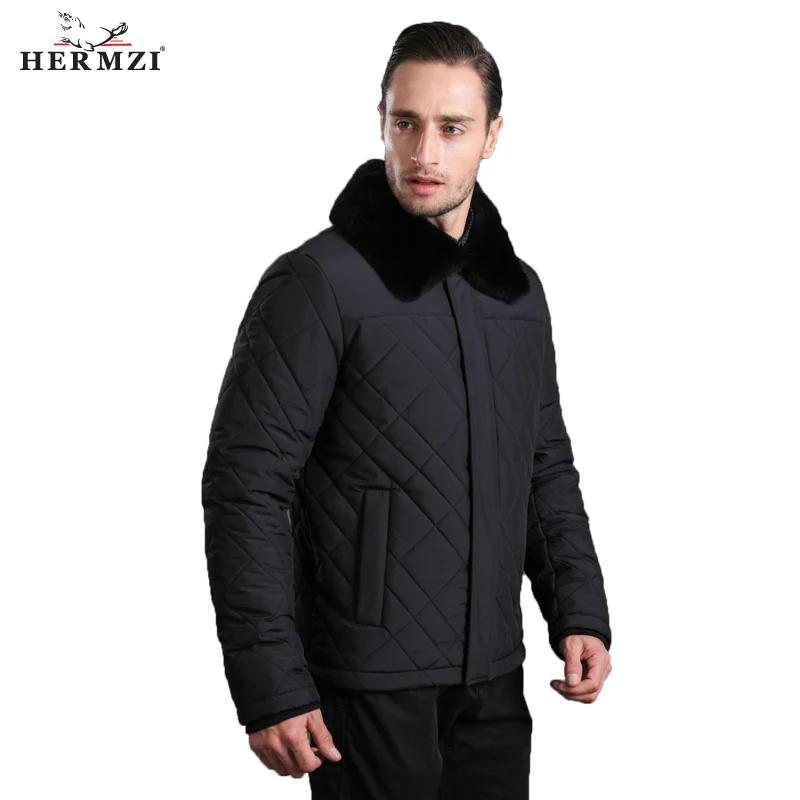 HERMZI 2022 New Winter Jacket Men Padded Jacket Coat Cotton Black Winter Coat Rex Rabbit Fur European Size Winter Clothes Men