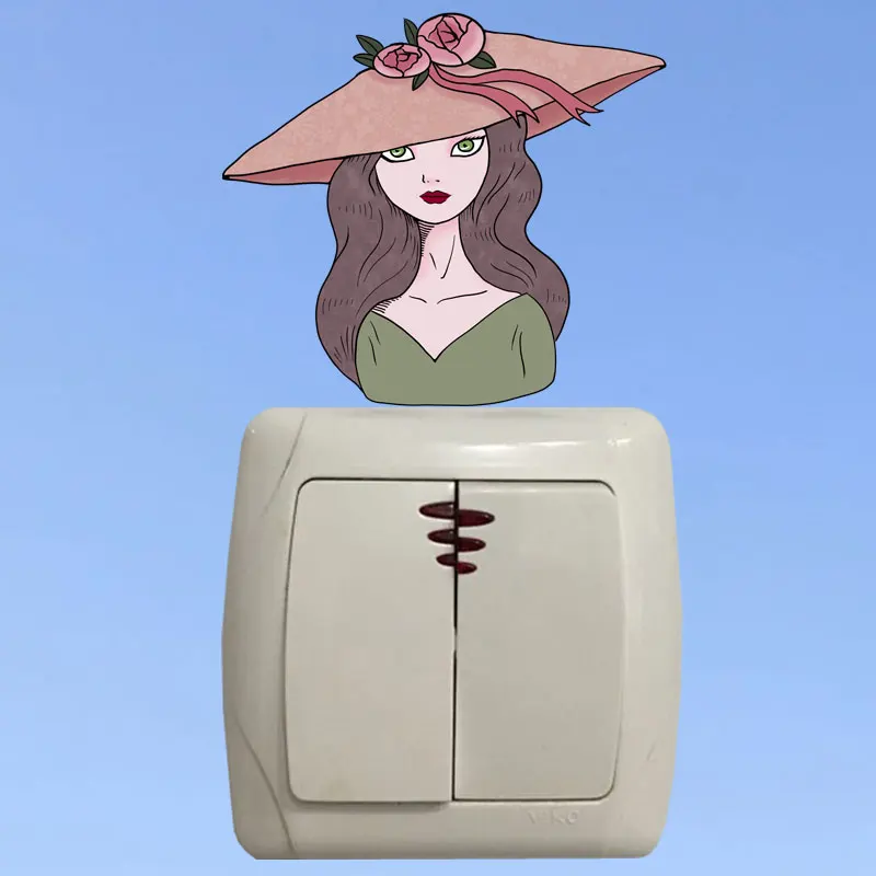 YOJA Cartoon Girl Wearing Big Hat PVC Switch Sticker Leisure Life Pastoral Style Decor Wall Decal High-quality 8SS1397 Дом и сад