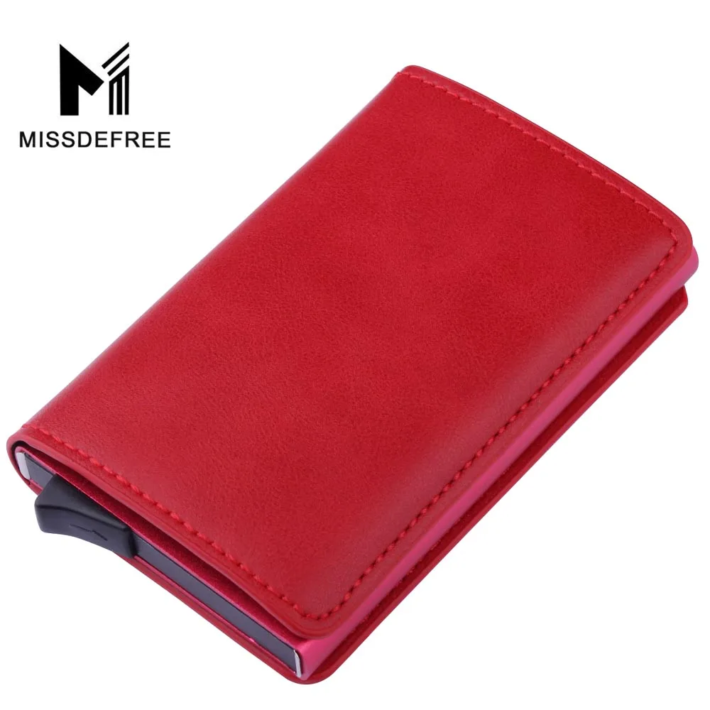 Red Leather Wallet Алюминий бумажник с заднего кармана ID Card Holder RFID Блокировка мини-тонкий металлический кошелек автоматические всплывающие Кредитная карта монет кошелек - Цвет: Red Leather Wallet