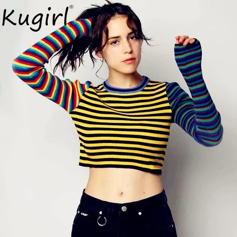 Женская футболка в цветную полоску Kugirl облегающая укороченная с длинными