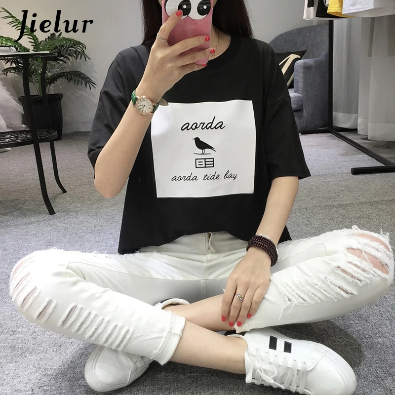 Jielur 2019 летняя футболка для женщин Харадзюку корейский стиль птица мультфильм