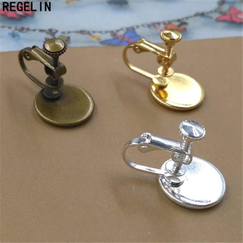 

REGELIN Screw Ear Clip Earring Settings Cabochon Base blank Bezel Fit 12mm Cabochon Cameo 10pcs/lot DIY Ear Jewelry Accessories