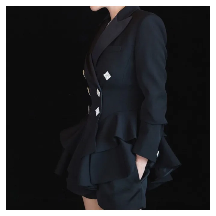 

New 2019 Lapel Double Breasted Cascading Ruffles Blazer Women Vintage Long Sleeve Slim Blazers Female Solid Coat