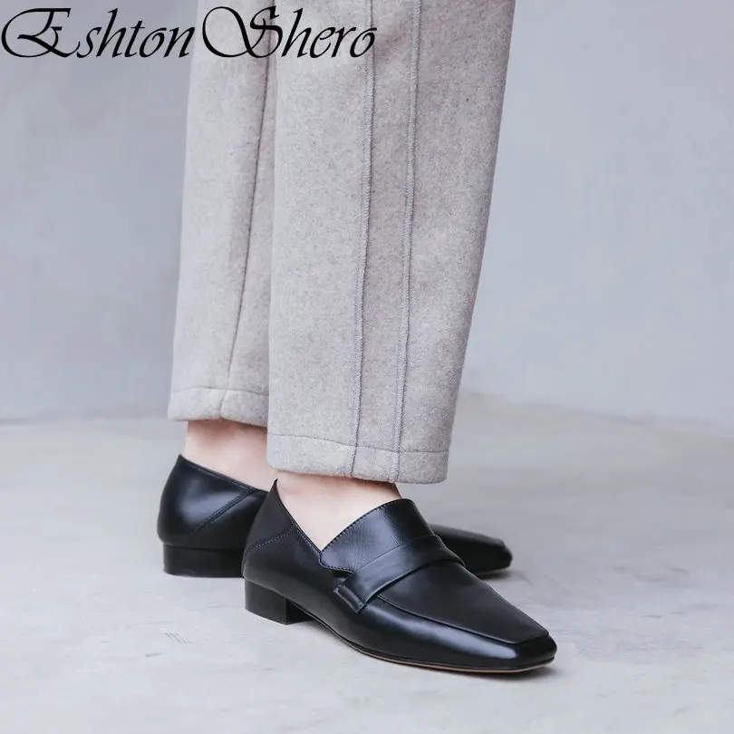 EshtonShero Women's Shoes Flats Genuine Leather+PU Flat Heels Summer Slip On Pointed Toe Black Ladies Loafers Size 34-40 | Обувь