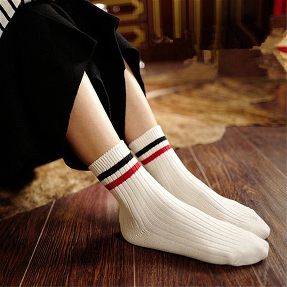 Women's fashion trend cotton white socks Japanese Harajuku style two bar stripes casual college wind girls wild breathable | Женская