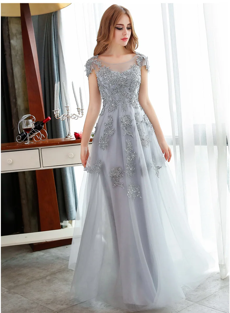 Длинные вечерние платья Princessally 2017 серое кружевное платье с вышивкой элегантное