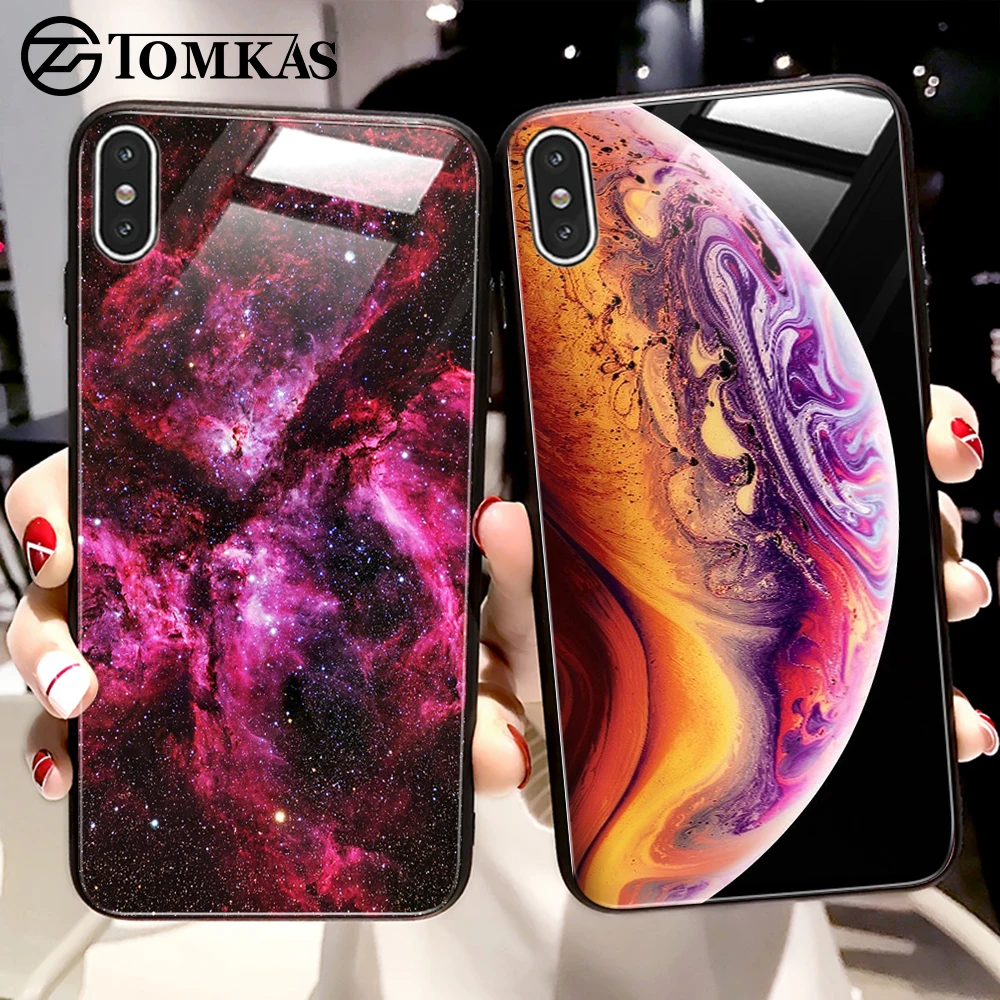 Роскошный Космический Чехол TOMKAS для iPhone X XS MAX XR стеклянный силиконовый чехол