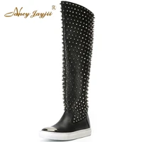 nancyjayjii casual rivets flat heels knee high boots winter snow black pleather round toe women shoes zapatos botas mujer