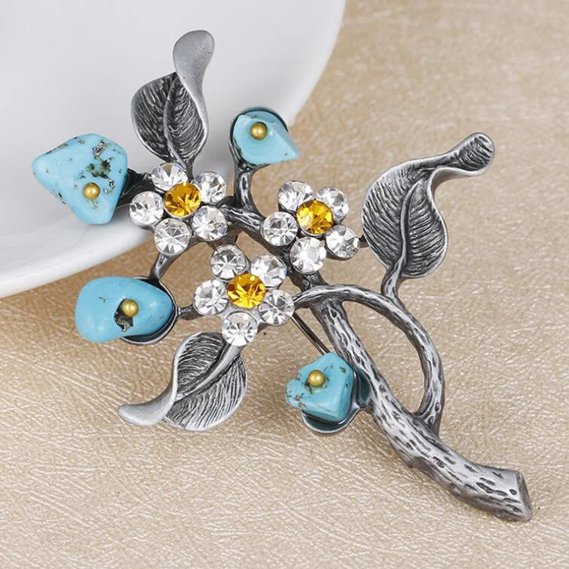 

Metal Natural Stone Crystal Brooch Pendant Vintage Tree Design Pin Brooches Jewelry for Women Dress Accessories Broche XZ276
