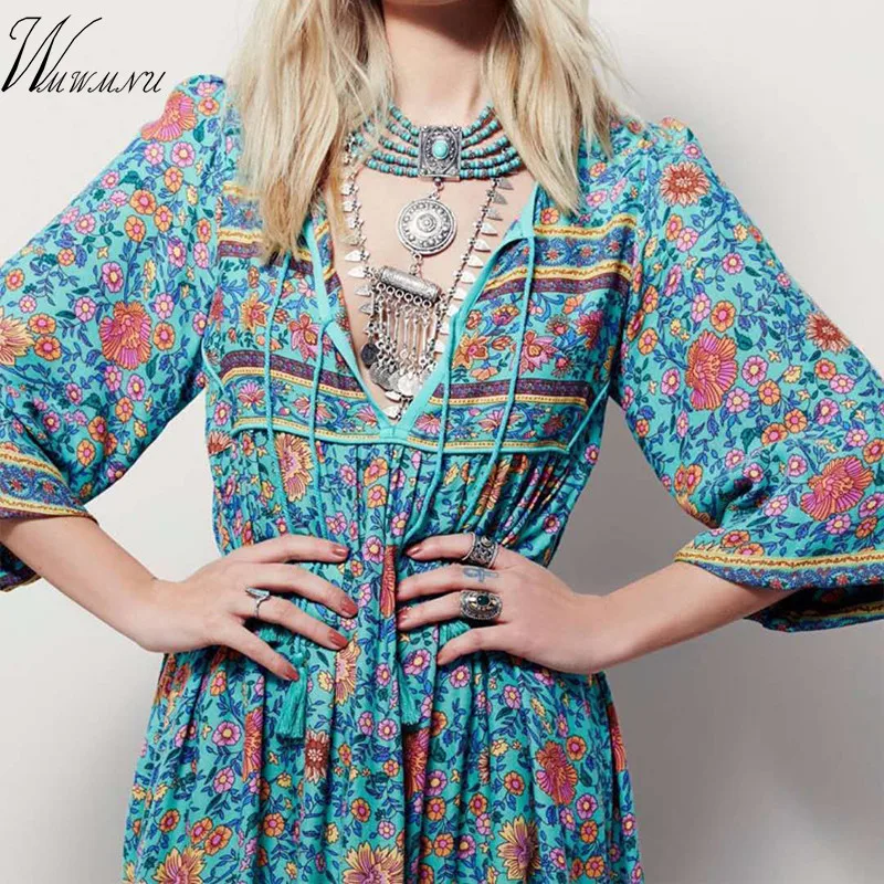 Spring Summer Fashion Lady Sexy Deep V-neck Half sleeve Split Dress Bohemian Printed Maxi plus size beach dress vestidos | Женская
