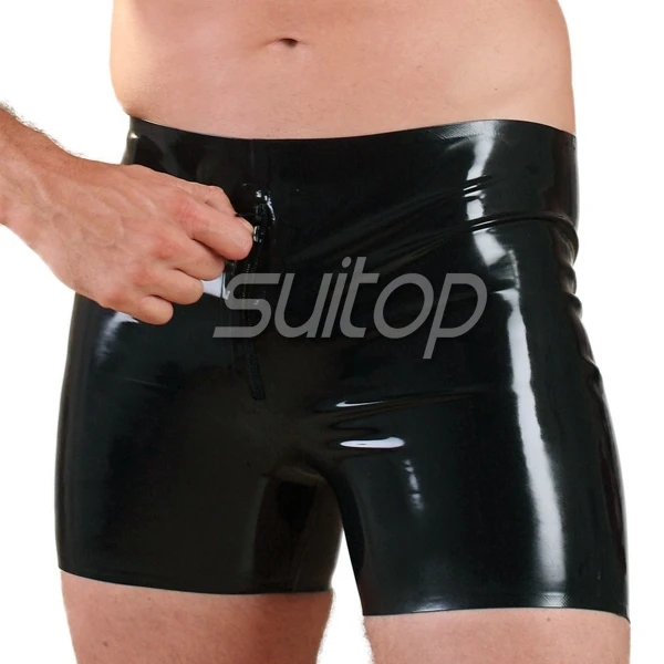 Suitop fress Shipping latex tight short pants with front zip for men |