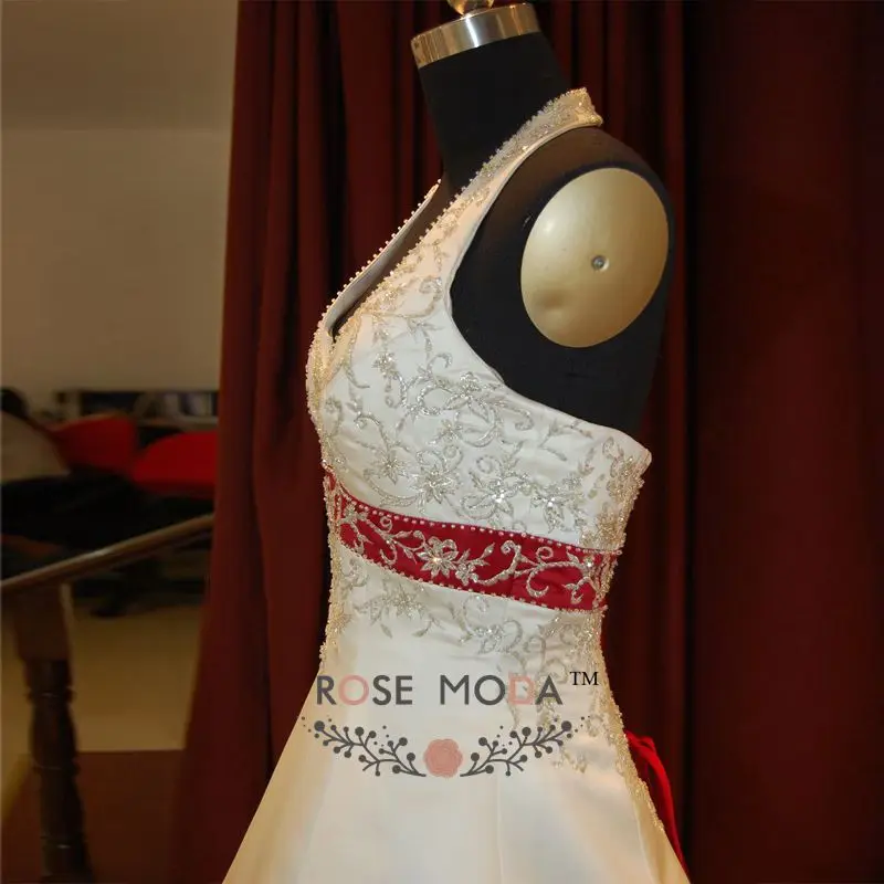 Luxury Embroidery Halter White and Red A Line Wedding Dress 2176 Beaded Bridal Gown Vestidos de Noiva Real Photos | Свадьбы и
