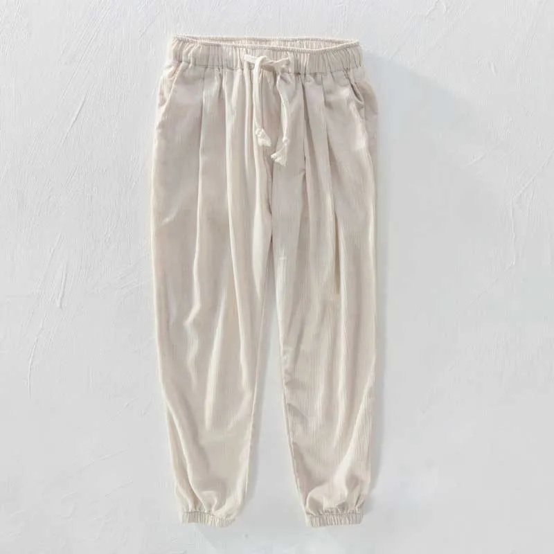 

Casual Linen Ankle Length Pants for Summer Men Beach Pants Straight Loose Baggy Sandle Trousers Hip Hop Joggers Elastic Waist