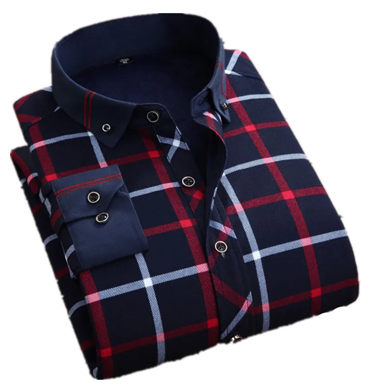 Мужская бархатная рубашка с длинным рукавом в шотландскую клетку|warm shirt|business