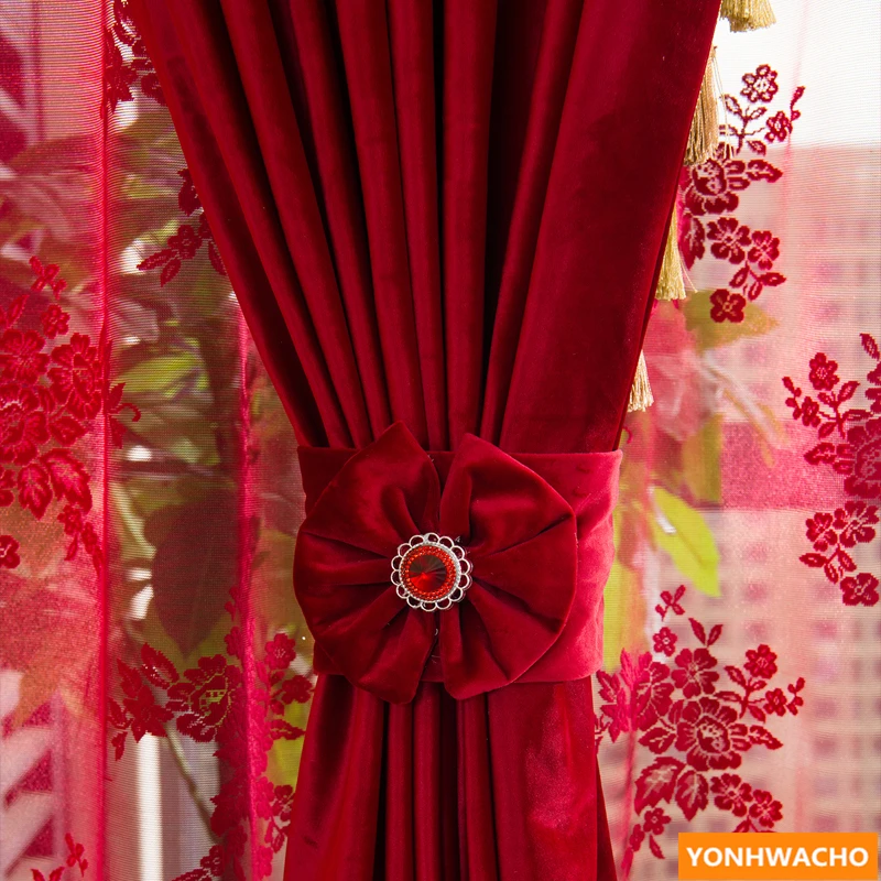 Custom curtains Simple modern festive wedding room solid red velvet thick cloth blackout curtain tulle drapes N925 | Дом и сад