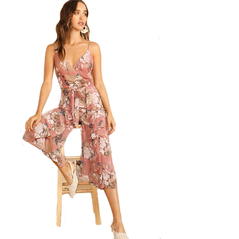COLROVIE розовый комбинезон с v-образным вырезом и рюшами, с поясом, Boho Cami, женский комбинезон, летний праздничный комбинезон с широкими штанинами для девушек