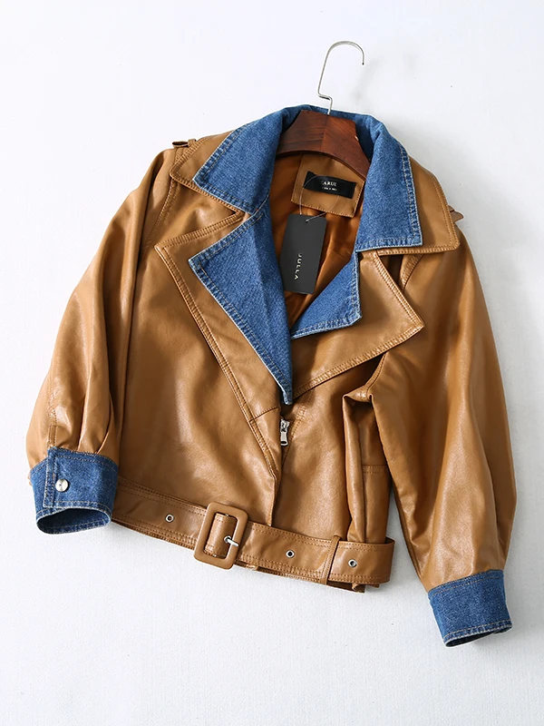 LMCAVASUN New Spring Lapel Long Sleeve Black Pu Leather Bandage Denim Stitch Loose Jacket Women Coat Fashion Tide