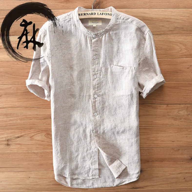 Мужская льняная рубашка с короткими рукавами белая небесно-голубая хаки