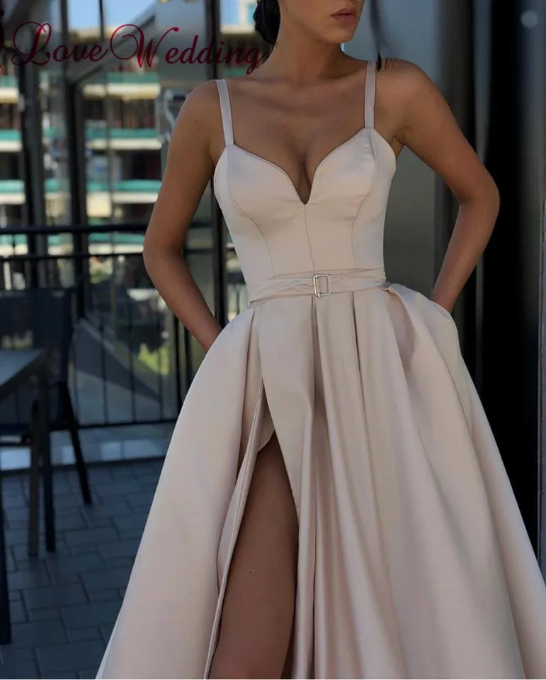 Вечернее платье Новое поступление robe de soiree V шеи Спагетти ремни Атлас на заказ линии Вечерние платья Длинные