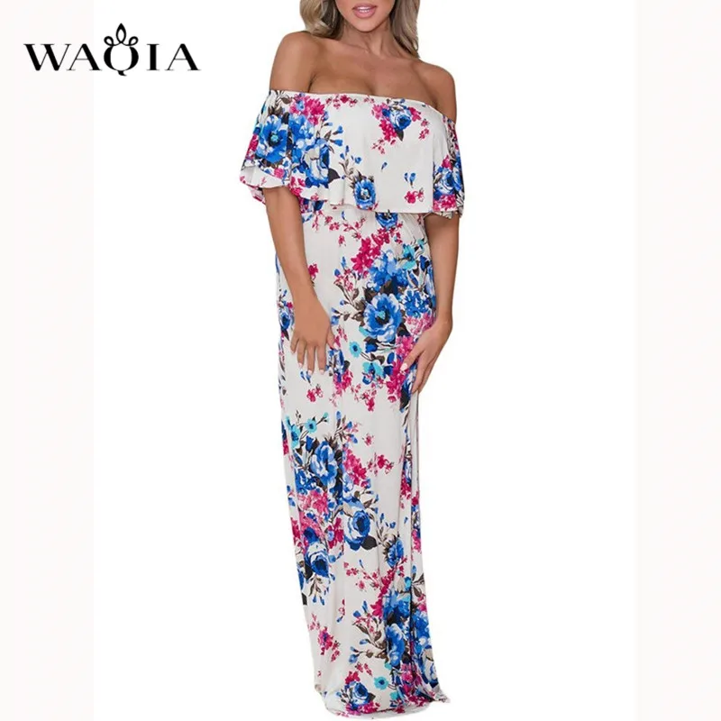 WAQIA 2019 длинное платье в богемном стиле женское пляжное летнее с открытыми плечами