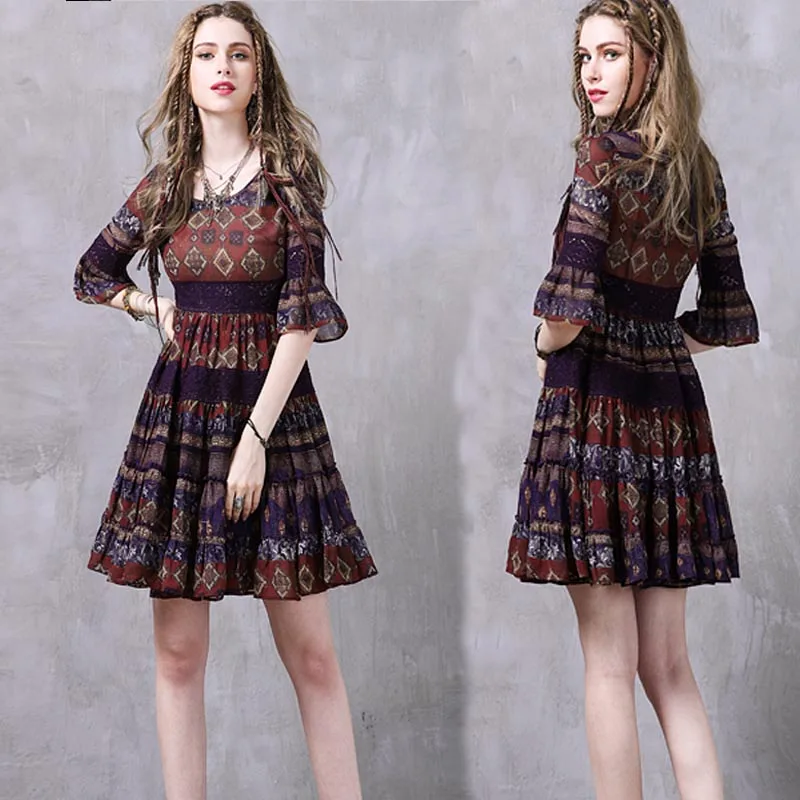 Аккадского Женская рябить старинные рукав фонарик шифона с принтом