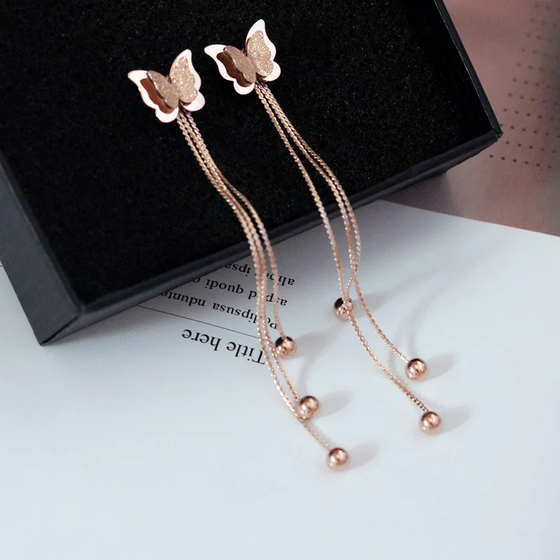 

YUN RUO New Arrival Fashion Butterfly Tassel Stud Earring Rose Gold Color Woman Birthday Gift Titanium Steel Jewelry Not Fade