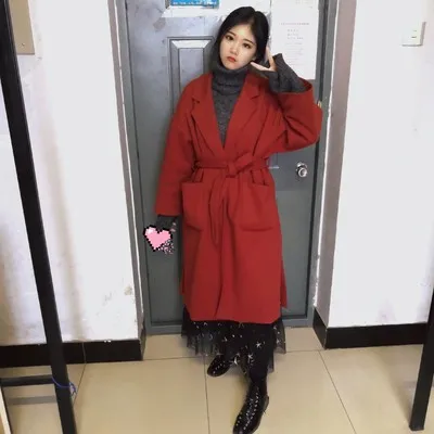 Autumn winter woolen coat women Loose Large size wool coats female Belt slim long Basic coats Both sides of the slit jacket N332