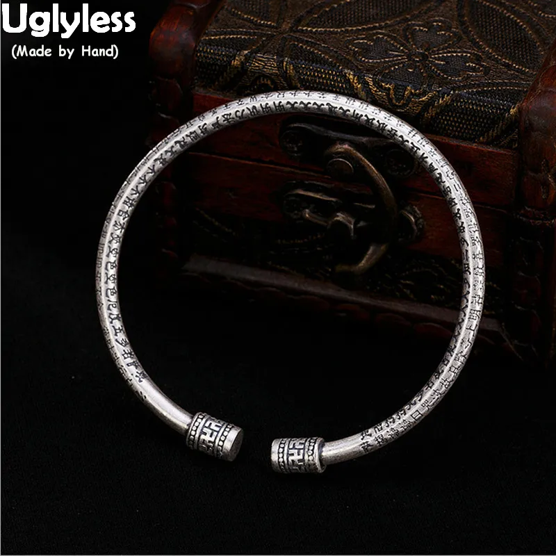 

Uglyless Real 99.9% Full Silver Religious Open Bangles for Buddhists Men Women Unisex Buddhism Gifts Bangles Heart Sutra Jewelry