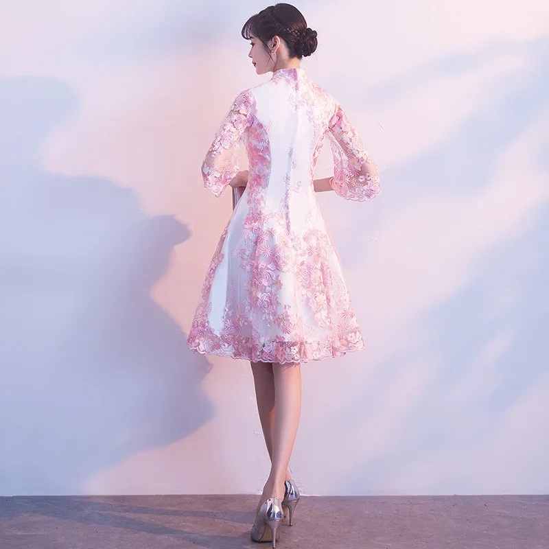 Розовый Мини Qipao Кружева Вышивка Китайская традиционная свадьба Cheongsam современный китайский халат Qi Pao старинные восточные платья s-xxxl