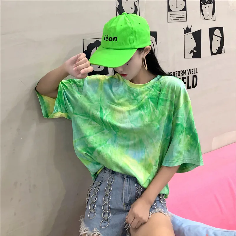 Harajuku Для женщин футболка диких ретро Tie-dye Tie Dye с короткими рукавами в Корейском