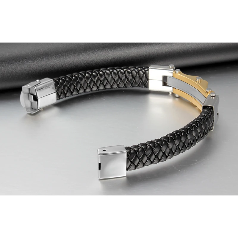 XUANPAI Gold-Color Stainless Steel Leather Bracelet With CZ Stone Male Retro Accessories Wia Bangles Jewelry 9&quot | Украшения и