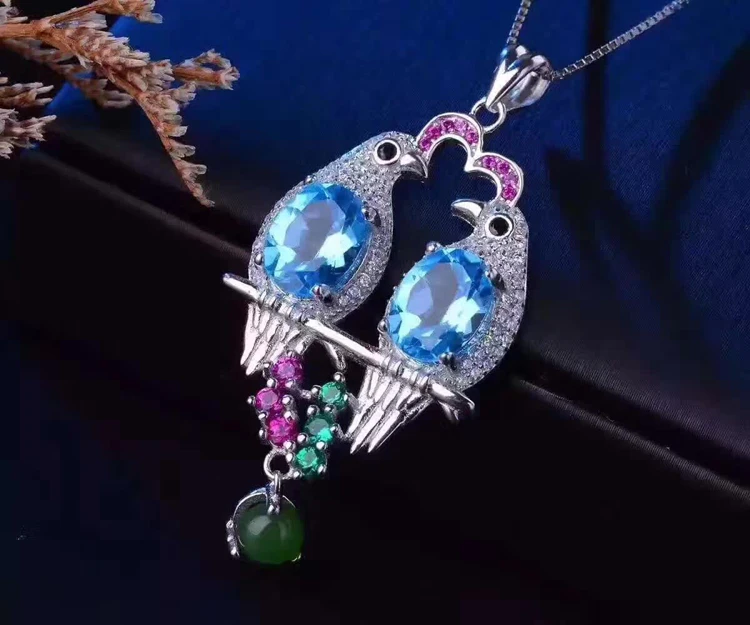 

natural blue topaz gem pendant S925 silver Natural jade Pendant Necklace Joy romantic magpie Love couple women party jewelry