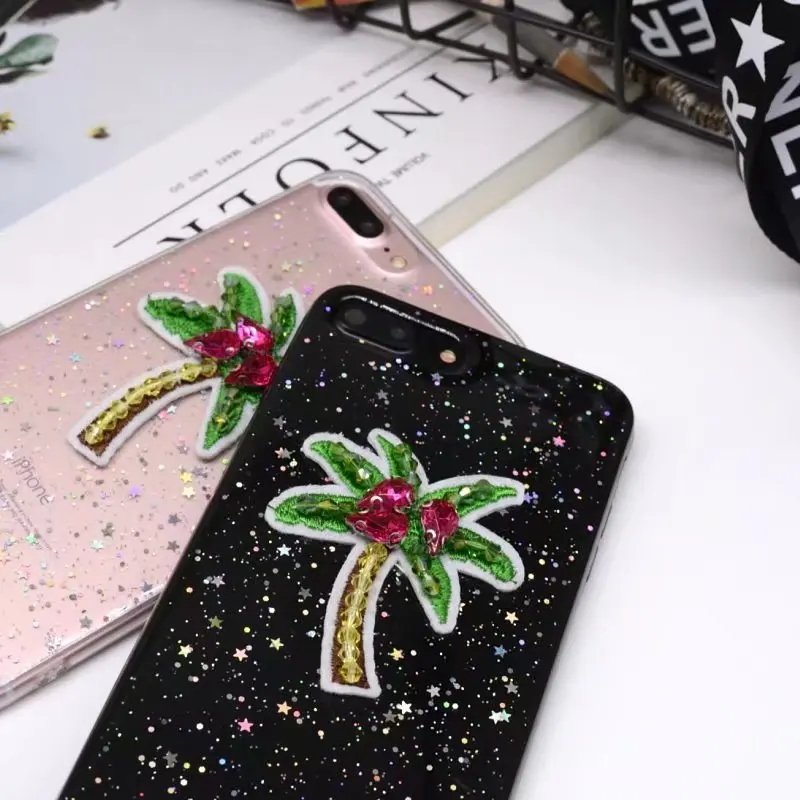 EVANKALX Coconut Palm Tree Printed Soft Case For iPhone 8 7 6 6s Gillter transparent Mobile Plus Clear Capa |