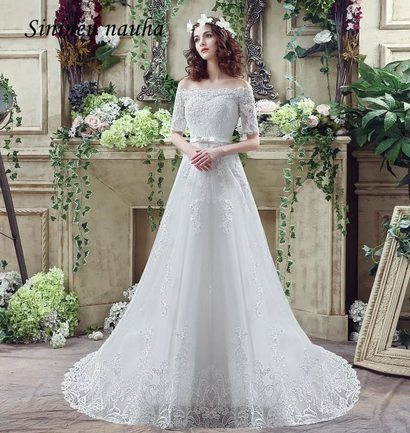 Wedding Dresses Bridal Gowns Off The Shoulder sleeves Appliques A Line Tulle Cheap Dress Vestido De Noiva Robe Mariage 197 | Свадьбы и