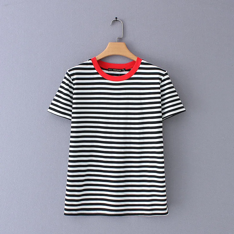2019 женская футболка в черно-белую полоску эластичные летние футболки с красным